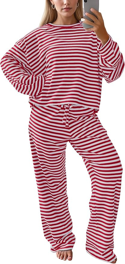 MISSACTIVER Women's Striped 2 Piece Lounge Set Casual Long Sleeve T-Shirt Drawstring Wide Leg Pan... | Amazon (US)