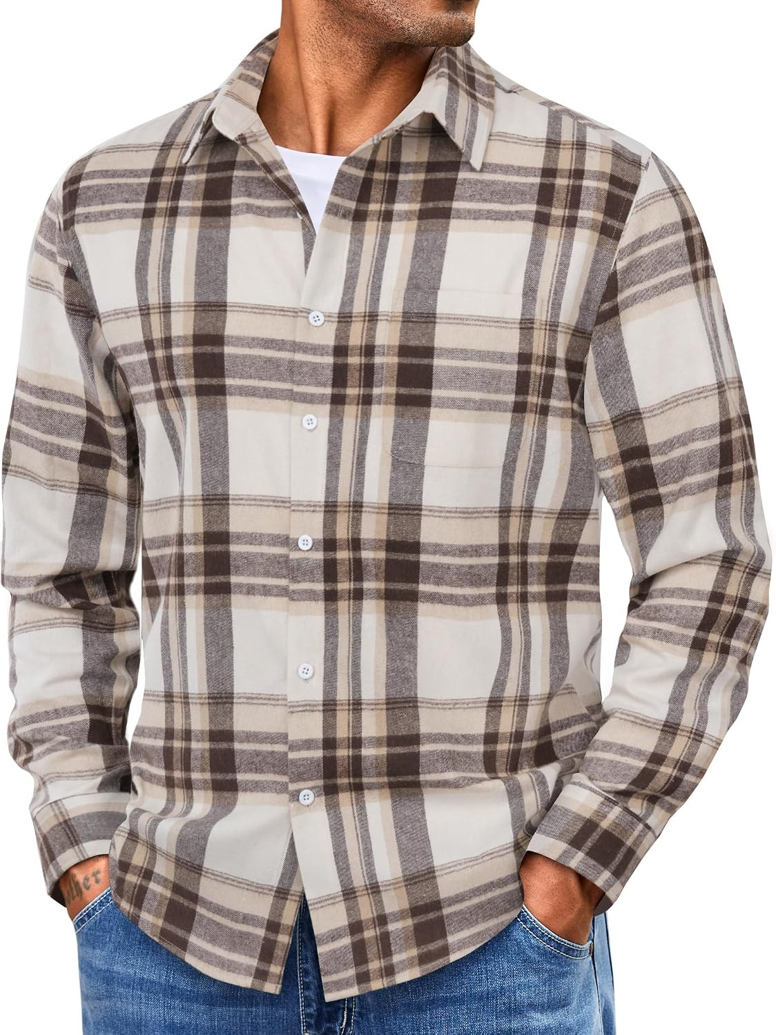 COOFANDY Mens Lightweight Flannel Shirt Long Sleeve Plaid Shirt with Pocket | Amazon (US)
