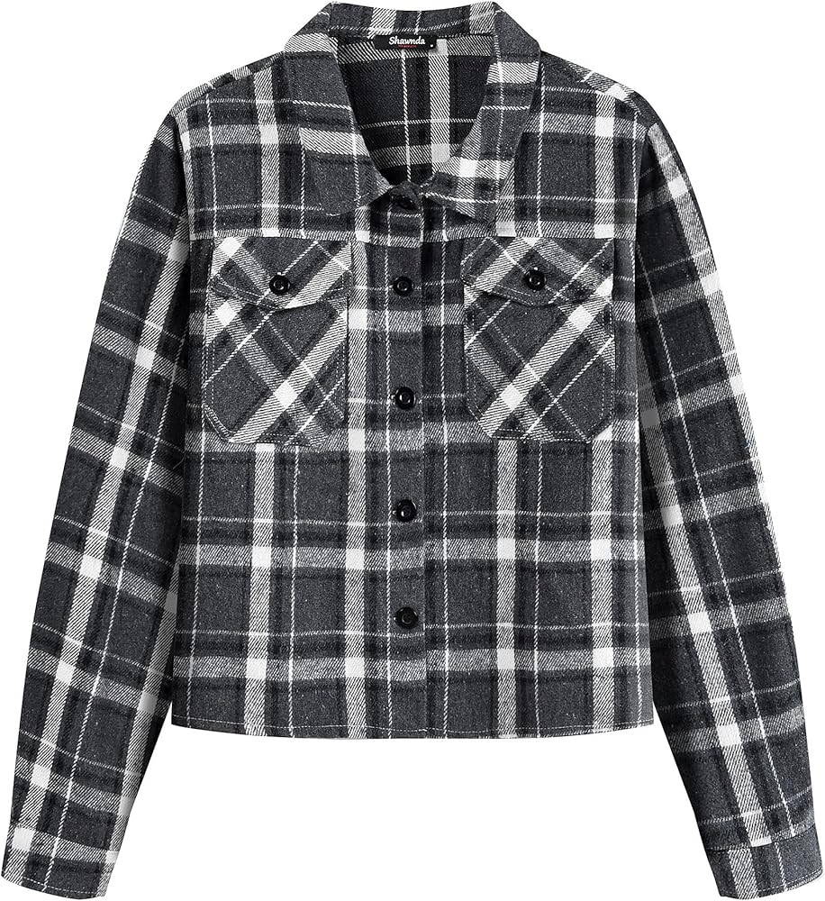 Shawnda Women's Flannel Shacket Cropped Jacket Fashion Plaid Button Down Shirt Jacket Tops | Amazon (US)