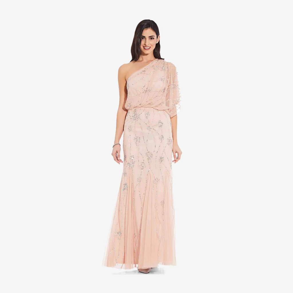 One Shoulder Beaded Gown In Blush | Adrianna Papell