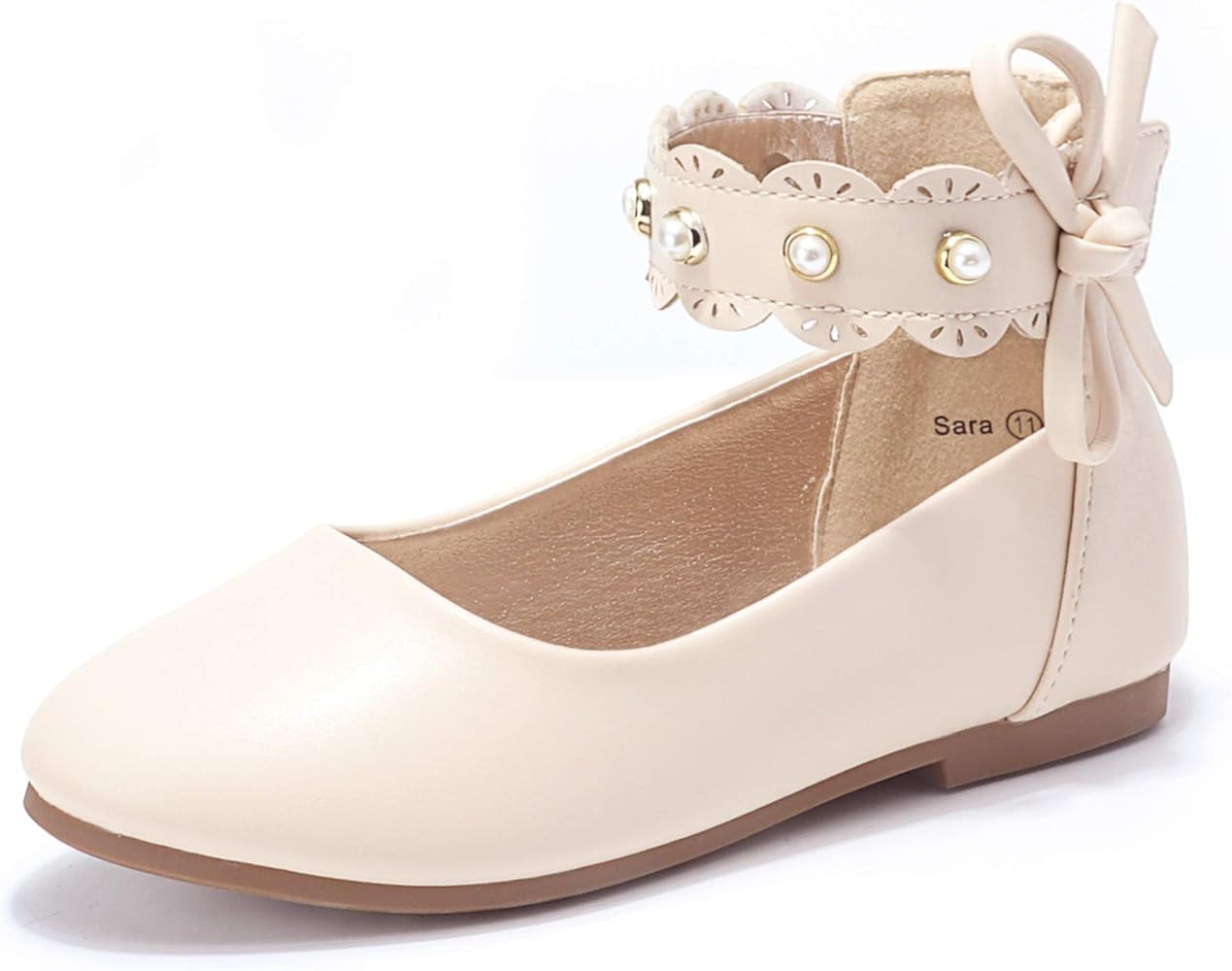 PANDANINJIA Girl’s Toddler/Little Kid Sara Bow Ballerina Flats Pearl Scallop Ankle Strap Dress ... | Amazon (US)