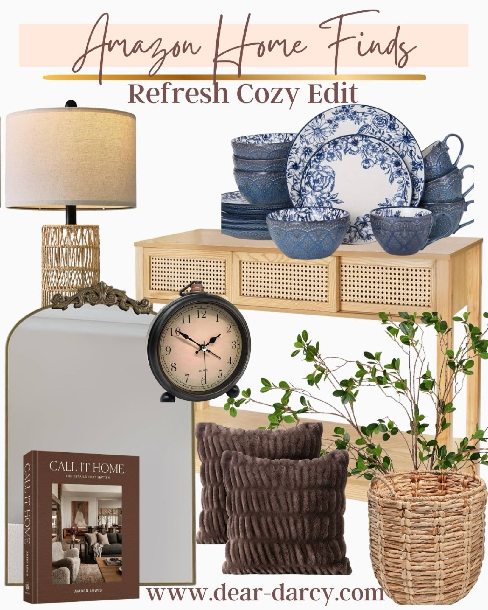 Amazon Home finds
Cozy refresh edit

Side table  with cane detail

Cane/whisker lamps 

Pretty mirror with gold detail 
Coffee table book with interior detail/indpo 

Blue dish sets 

Silk plant 
 Brown & mocha pillows 

Basket 

#LTKStyleTip #LTKSaleAlert #LTKHome