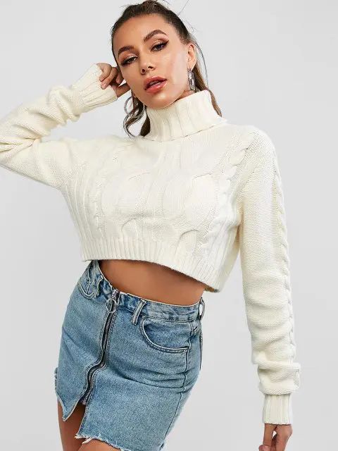 Turtleneck Cable Knit Crop Sweater | ZAFUL (Global)