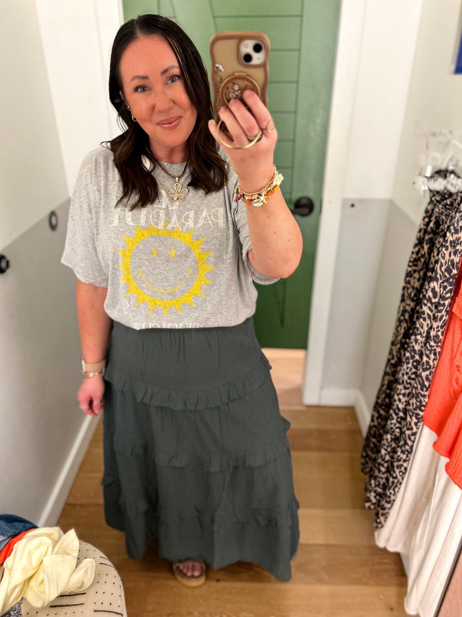Aerie finds! I cannot find this tee online though! Wearing a large, if you can find this one in store! 
Large maxi skirt. Love this color. Love the fit. Super flowy and comfy! Sandals run true to size.  

#LTKMidsize #LTKSaleAlert #LTKOver40