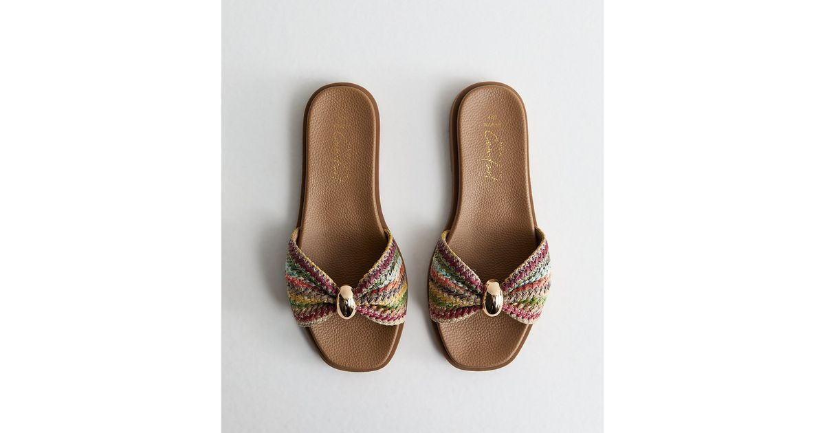 Wide Fit Multicolour Faux Raffia Ring Mule Sandals | New Look | New Look (UK)
