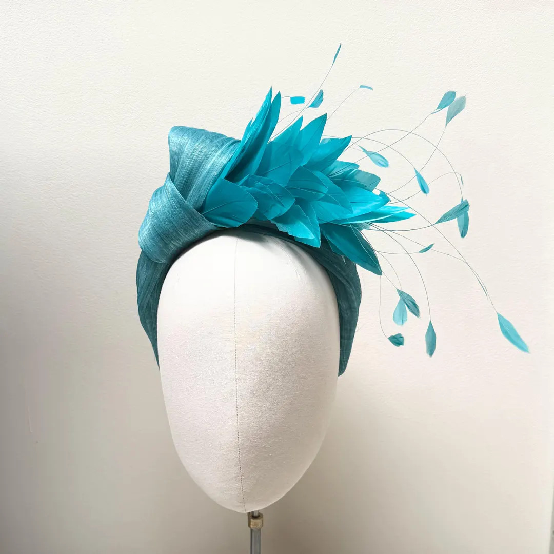 Teal Turquoise Feather Fascinator Headband, Silk Abaca, Wedding Races - Etsy UK | Etsy (Global)