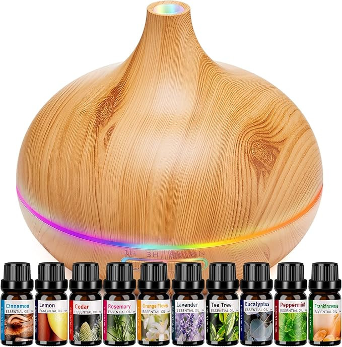 Aroma Diffuser for Essential Oil Large Room Diffusers Set with 10 Essential Oils,Ultrasonic 550ml... | Amazon (US)
