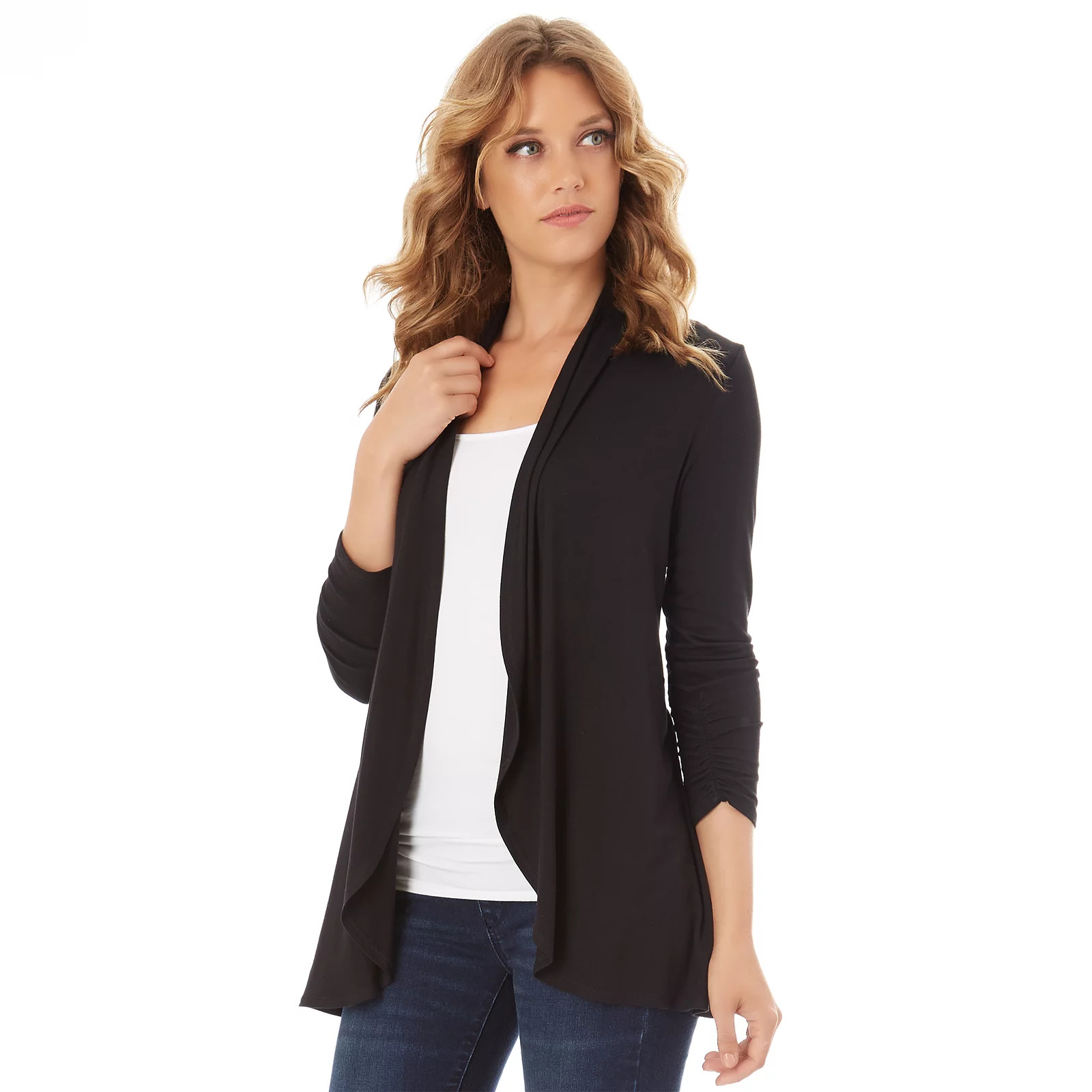 Women's Apt. 9 Ruched Sleeve Open-Front Cardigan, Size: Large, Black | Kohl's