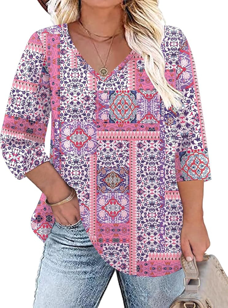TFSDOD Womens Plus Size Tops V Neck T Shirts 3/4 Sleeve Blouse Summer Casual Tees XL-5X | Amazon (US)