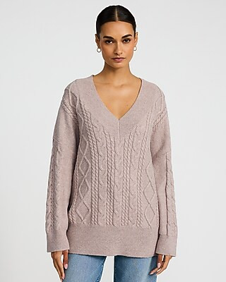 Cable Knit V-Neck Tunic Sweater | Express