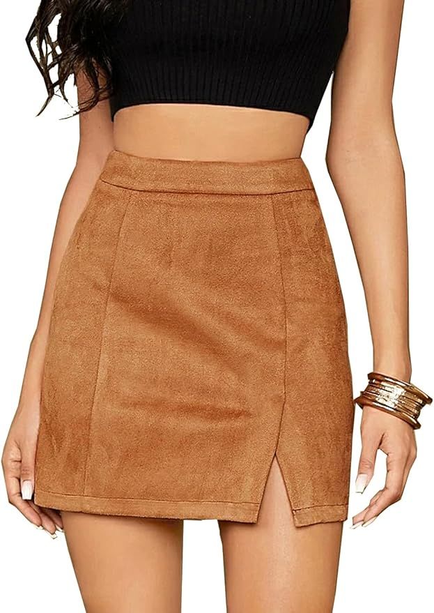YONG GO Women's Faux Suede Vintage Bodycon A-Line Mini Skirt | Amazon (US)