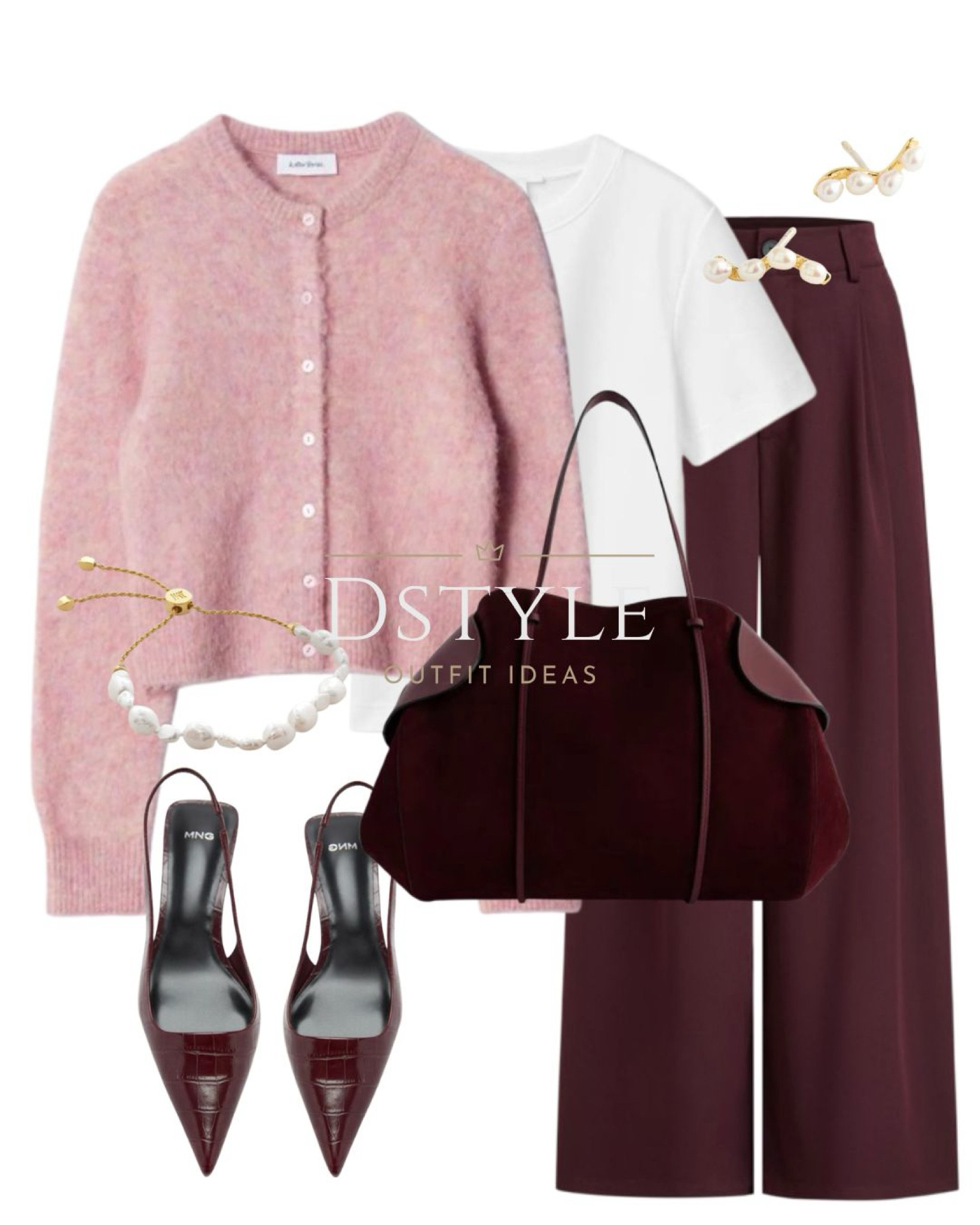 Light pink alpaca-blend knit cardigan, white t-shirt, wine trousers, suede and leather shoulder bag burgundy, burgundy kitten shoe, burgundy slingback, NEOUS, work wear, spring outfit 

 #LTKStyleTip #LTKWorkwear #LTKItBag