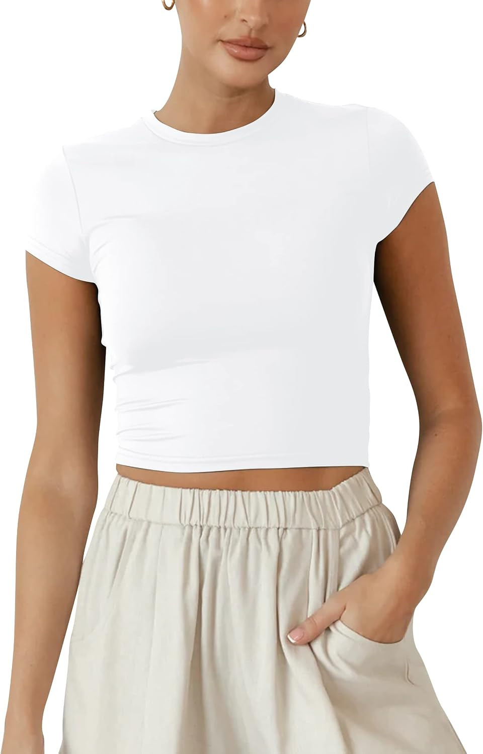 BAIGRAM Women Slim Cap Sleeve Round Neck Crop Tee Tops Basic Cute Form Fitting Baby Tshirt Summer Yoga Shirt 2025 Going Out | Amazon (US)