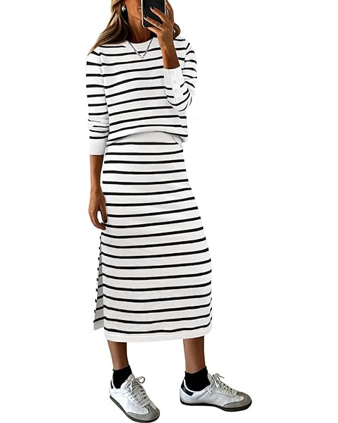 PRETTYGARDEN 2 Piece Skirts Sets For Women Fall Fashion 2025 Striped Sweater Dress Knit Lounge Tr... | Amazon (US)