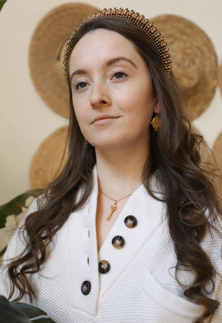 Golden statement padded beaded headband, gold Greek coin earrings, 24k carrot gold jewelry, cotton silk popover, #transitionpieces #goldjewelry #pearlcore #royaltycore #curlyhair 

#LTKFind #LTKstyletip #LTKbeauty