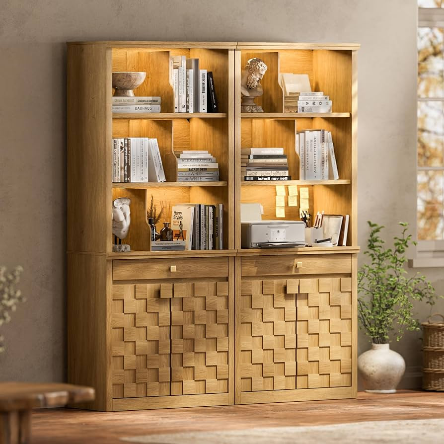 Fluted Bookcase with LED Light Set of 2, 72.2" Tall Standing Bookshelf with Drawer and Doors, Mod... | Amazon (US)