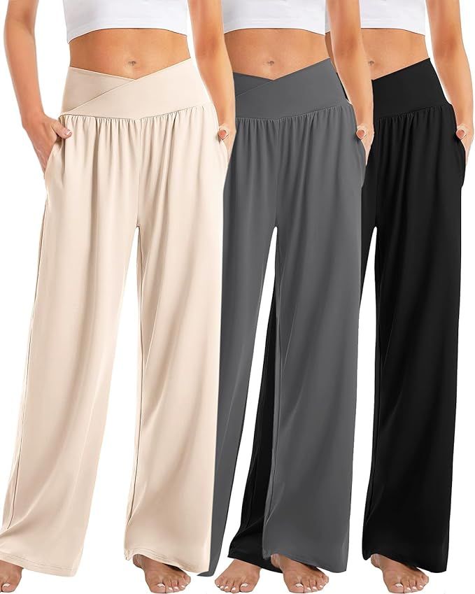 Kivdol 3 Pack Womens Wide Leg Yoga Pants Crossover High Waisted Casual Loose Lounge Sweatpants wi... | Amazon (UK)