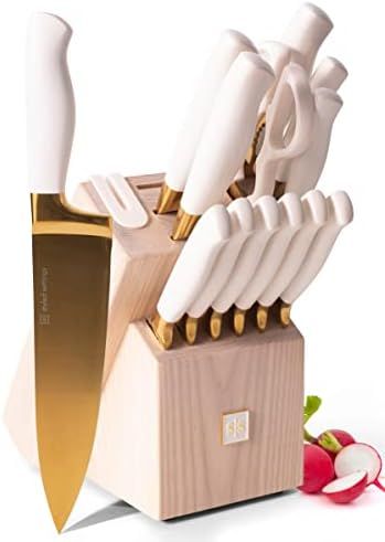 Amazon.com: White and Gold Knife Set with Block Self Sharpening - 14 Piece Luxurious Titanium Coated | Amazon (US)