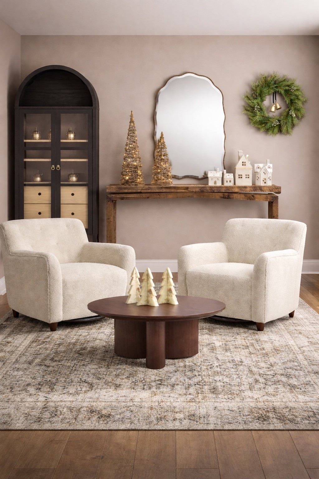 Christmas decor on sale!!

Decorative Christmas trees, wreath, console table, swivel accent chair, coffee table, area rug , display cabinet, scalloped wall mirror 

#LTKHome #LTKSaleAlert #LTKHoliday