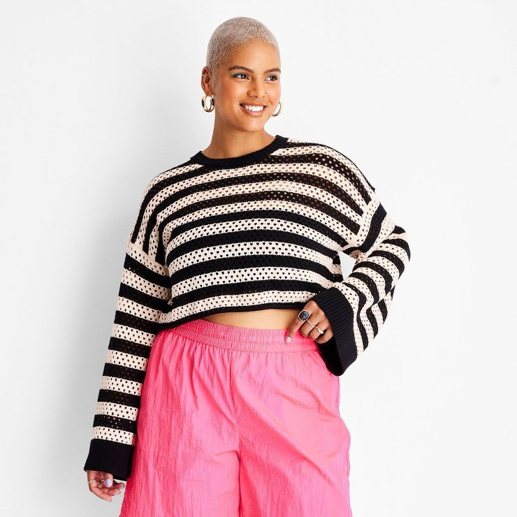 Women's Open Knit Crewneck Sweater - Future Collective™ with Alani Noelle Black/White | Target