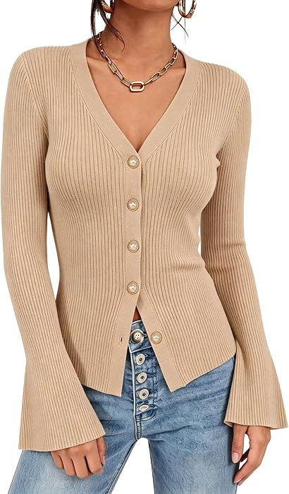 Womens Ribbed Fall Cardigan Sweater V Neck Knit Tops | Amazon (US)