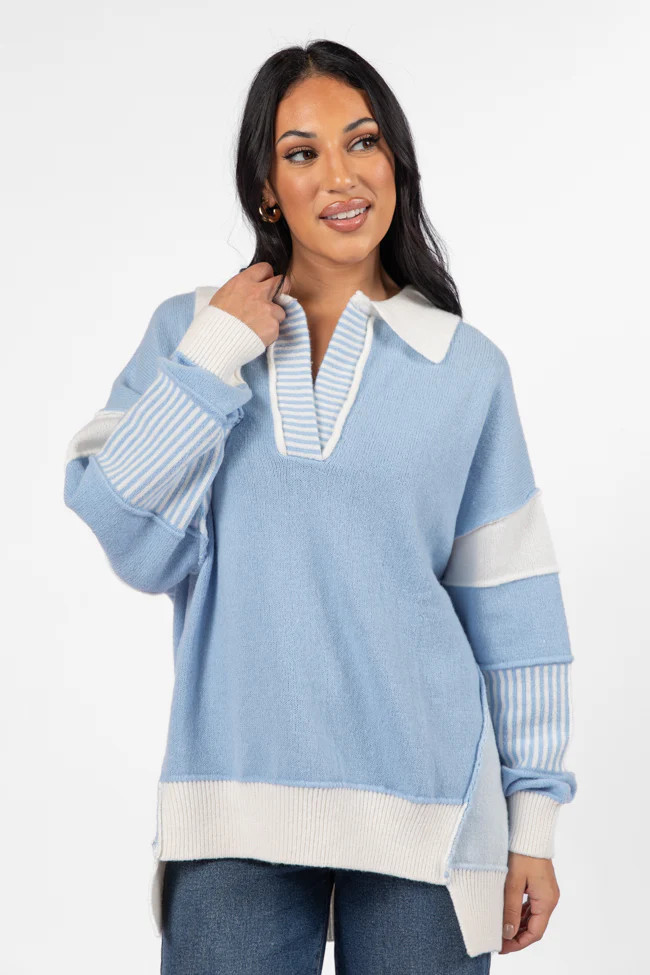 Think About It Sky Blue Collared Oversized Sweater | Pink Lily