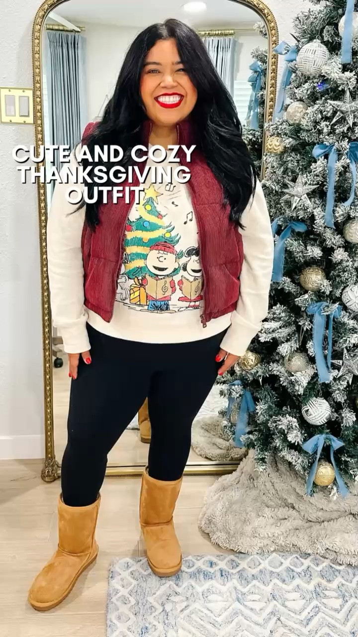 🦃 CUTE & COZY THANKSGIVING
OUTFIT 🦃 I love this cozy look from maurices. The Peanuts sweatshirt is so so cute and gets me so pumped for the holidays season! I paired it with a wine colored corduroy puffer vest thats super warm! I’m wearing an 0x.

I paired it with my Athleta ultra high elation leggings that are my absolute favorite! I'm wearing a size XL and these leggings are buttery soft and DO NOT ROLL DOWN!

My boots are a look for less and also from Maurices! They are wide width friendly and will keep you so coxy the entire winter season!

Winter outfit, family photos, casual outfit, Christmas sweater, fall look, plus size, size 18, jeans, sneakers, boots, quilted vest, smiles and pearls

#LTKPlusSize #LTKHome #LTKHoliday