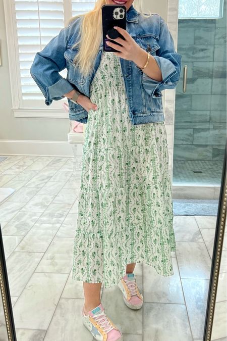 Oversized jean jacket size XS. Pastel color sneakers. Golden goose sneakers. Hill House Home Nap Dress size XXS. Sneakers. Spring look. Spring style. Spring dress. Dress and sneakers 

#LTKstyletip #LTKSeasonal #LTKshoecrush