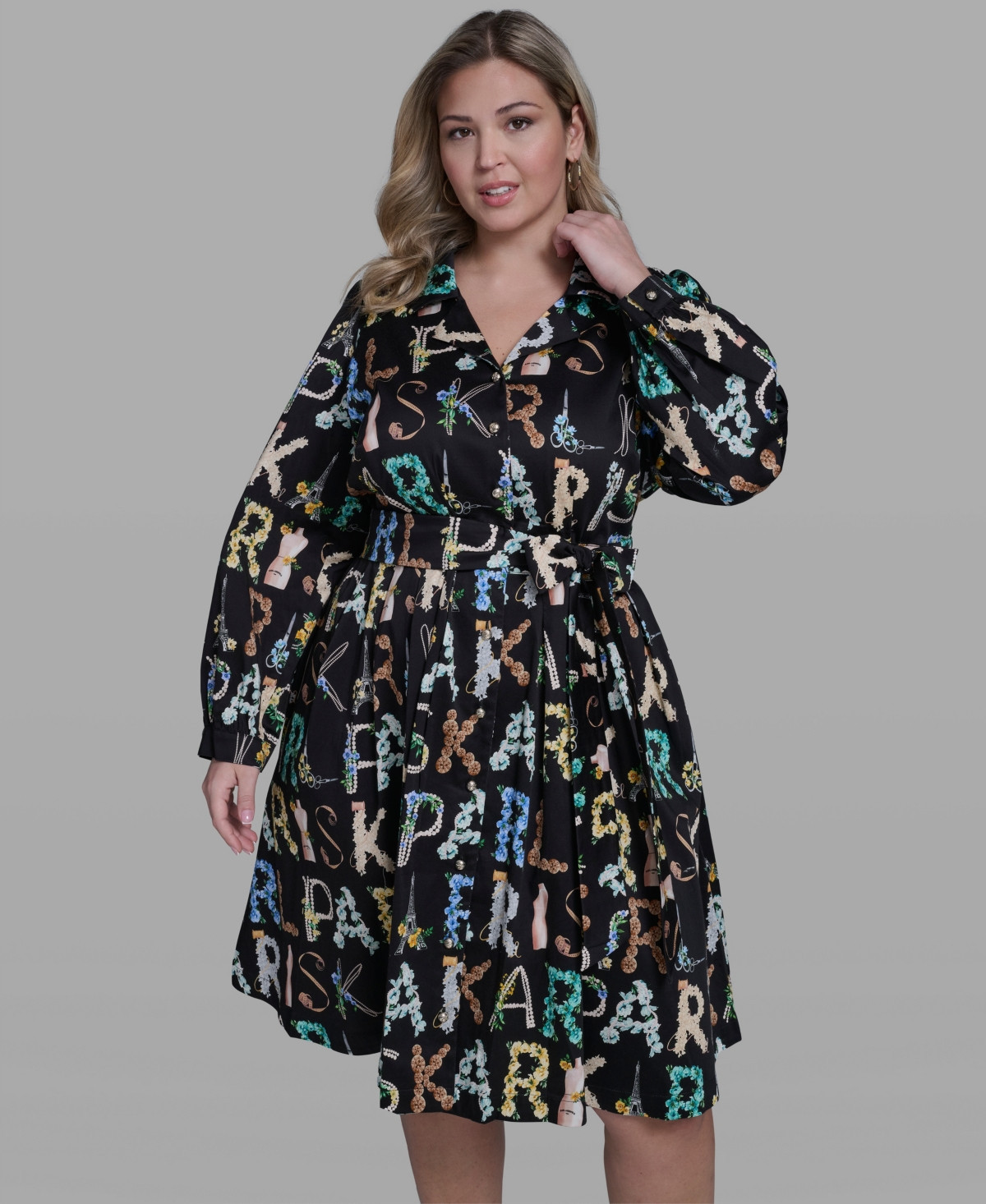 Karl Lagerfeld Paris Plus Size Long-Sleeve Allover Letter Print Dress - Black/Panna Cotta Multi | Macy's