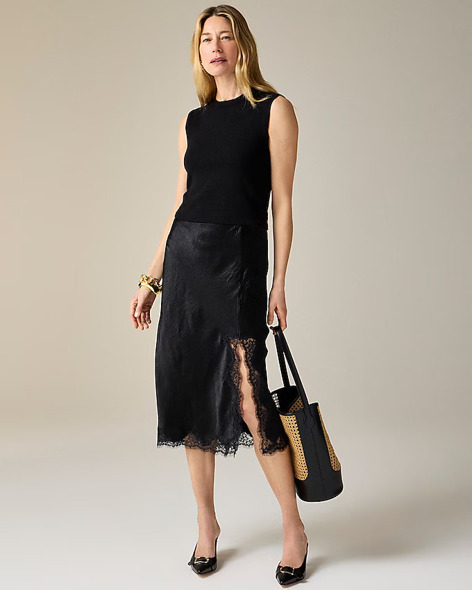 Gwyneth lace-trim slip skirt in textured satin | J. Crew US