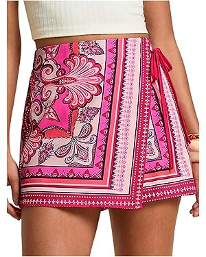 SweatyRocks Women's Boho Mini Skirts Floral Shorts Tie Side Wrap Elastic Waist Summer Skorts Beac... | Amazon (US)