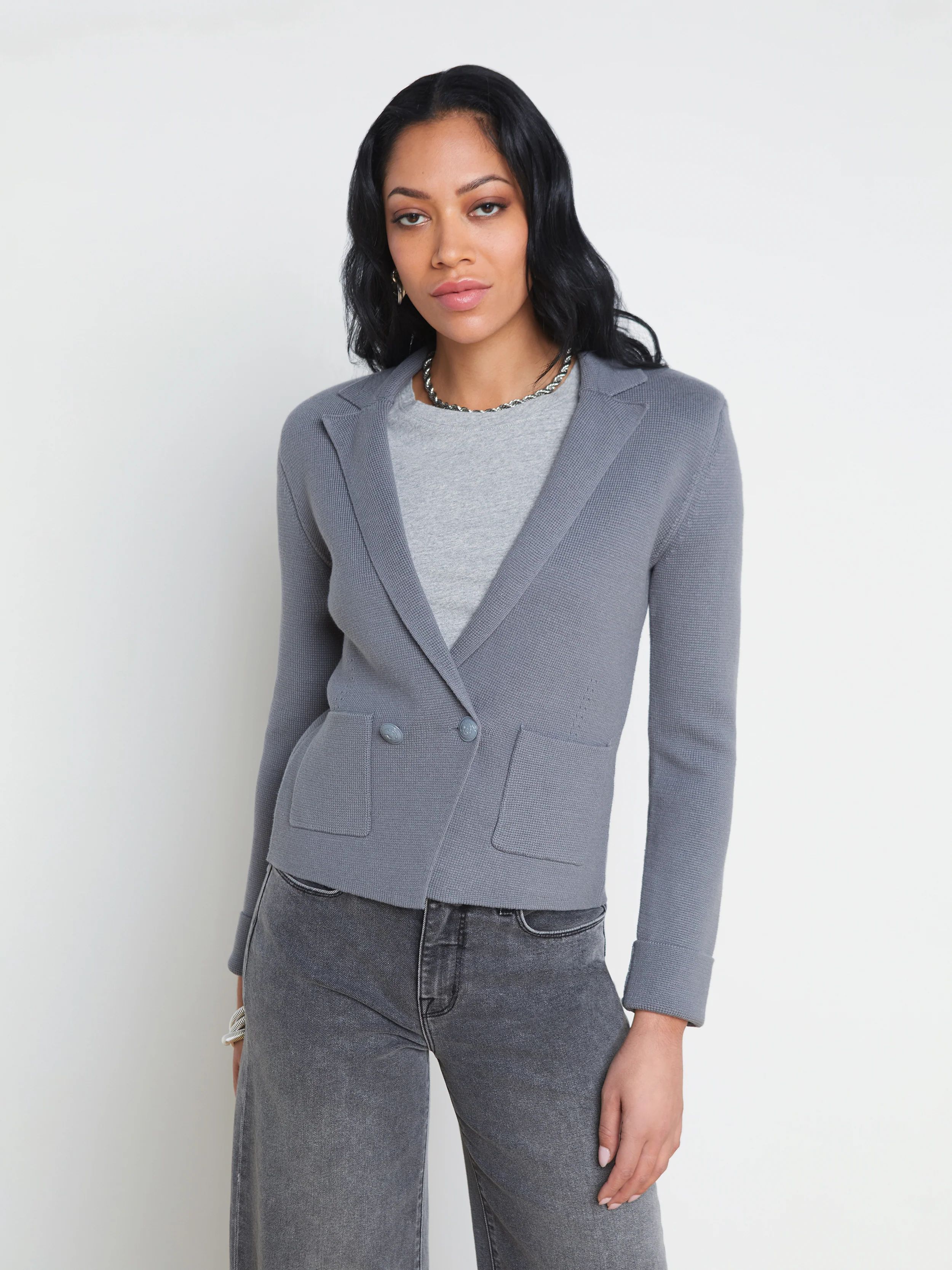 L'AGENCE - Sofia Double-Breasted Knit Blazer in Shadow Grey | L'Agence