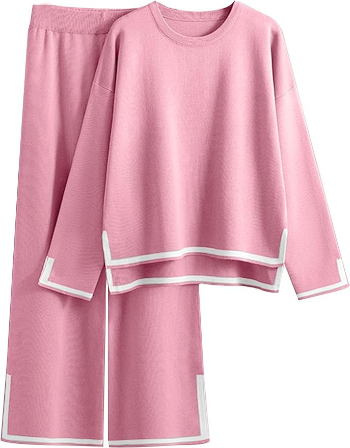SeekMe 2 Piece Outfits for Women Fall Sweater Set Knit Pullover Top Wide Leg Pants Vacation Loung... | Amazon (US)