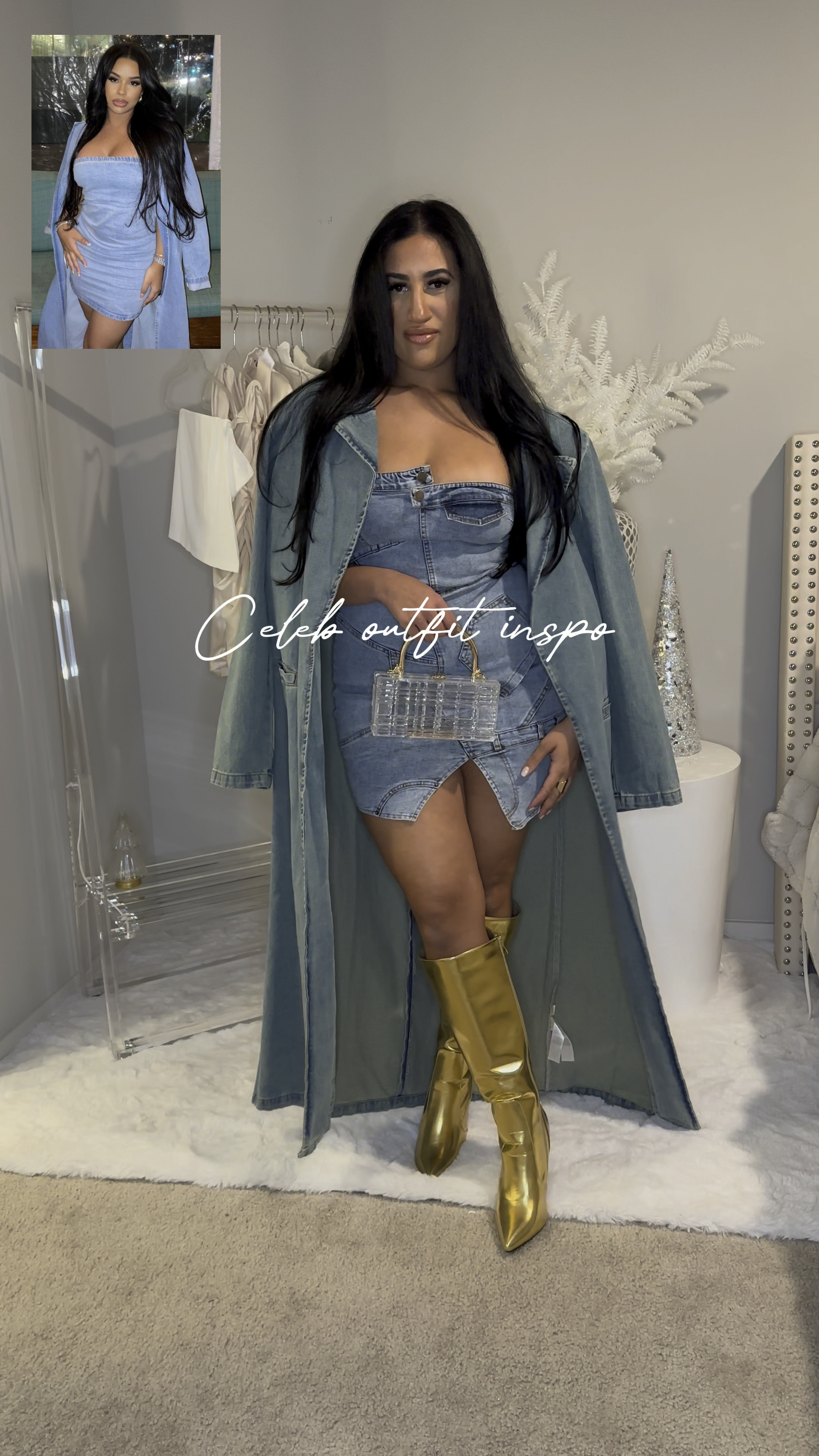 Celebrity outfit inspo 💎✨ 

Tagged similar ones that were sold out. That would recreate the same look!

Denim style 
Celebrity fashion 
Mini dress 
Party outfit 
Boujee style 