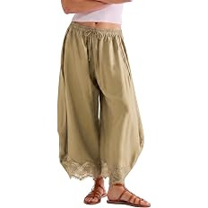 SeeLuNa Comfy Women's Pants Cropped Lace Hem Pants Summer Boho Drawstring High Rise Wide Leg Loun... | Amazon (US)