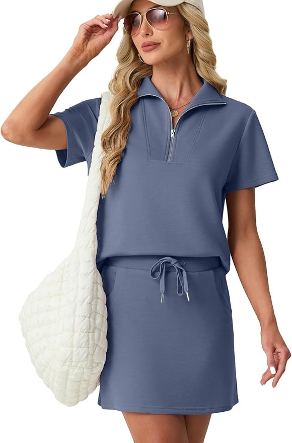 GRECERELLE Women's Summer 2 Piece Skort Set Half Zip Short Sleeve Top & Pocketed Tennis Skirt For... | Amazon (US)