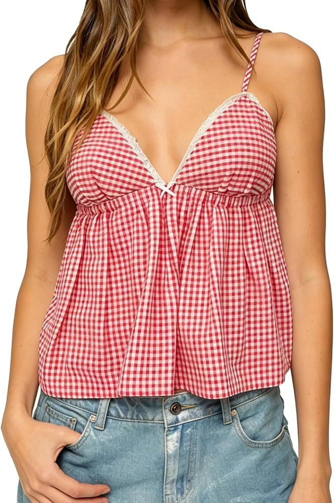 Women Y2k Plaid Print Tank Top Sexy Sleeveless Lace Trim V-Neck Spaghetti Strap Elastic Waist Bac... | Amazon (US)