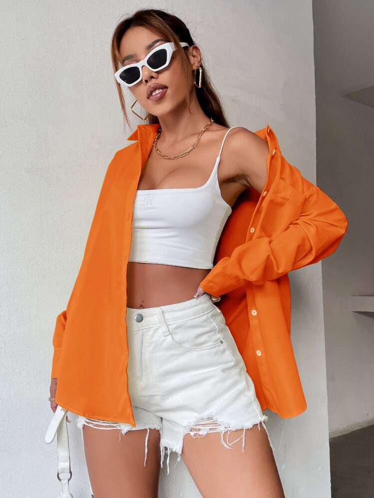 SHEIN MOOSTA Neon Orange Drop Shoulder Pocket Front Oversized Shirt Fall Cloth For Women | SHEIN