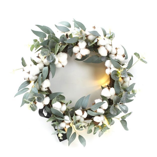 Lakeside Lighted Farmhouse Accent Cotton Boll Wreath with Cotton Ball Appliques | Target