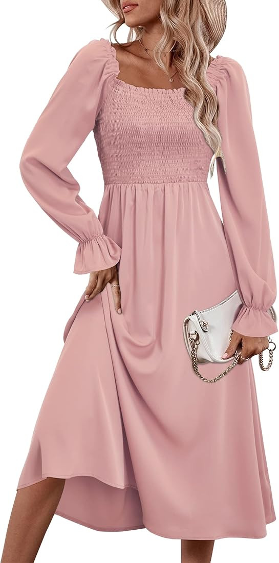 KILIG Womens Square Neck Long Sleeve Midi Dresses Tie Back Smocked Casual Fall Dress 2022 | Amazon (US)