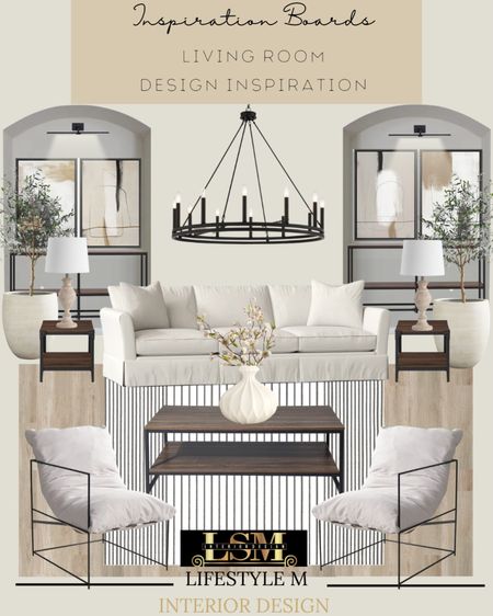 Transitional Home Inspiration. Recreate the look at home. Home decor and furniture. Wood metal coffee table, wood metal end table, white rug, metal upholstered accent chair, white sofa, wheel chandelier, wall art, wood metal console table, table lamp, white planter, faux fake tree, white vase, faux fake plant, wall gallery light. 

#LTKhome #LTKFind #LTKstyletip