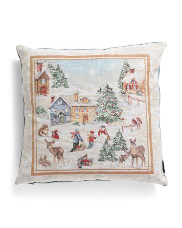 Made In Portugal 20x20 Christmas Winter Scene Lurex Tapestry Pillow | TJ Maxx