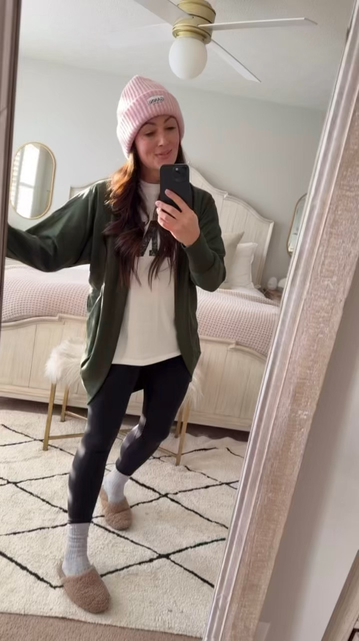 • small cardigan 
• large tee
• size 6 leggings 
• slippers true to size 

#LTKWatchNow #LTKFindsUnder50 #LTKStyleTip