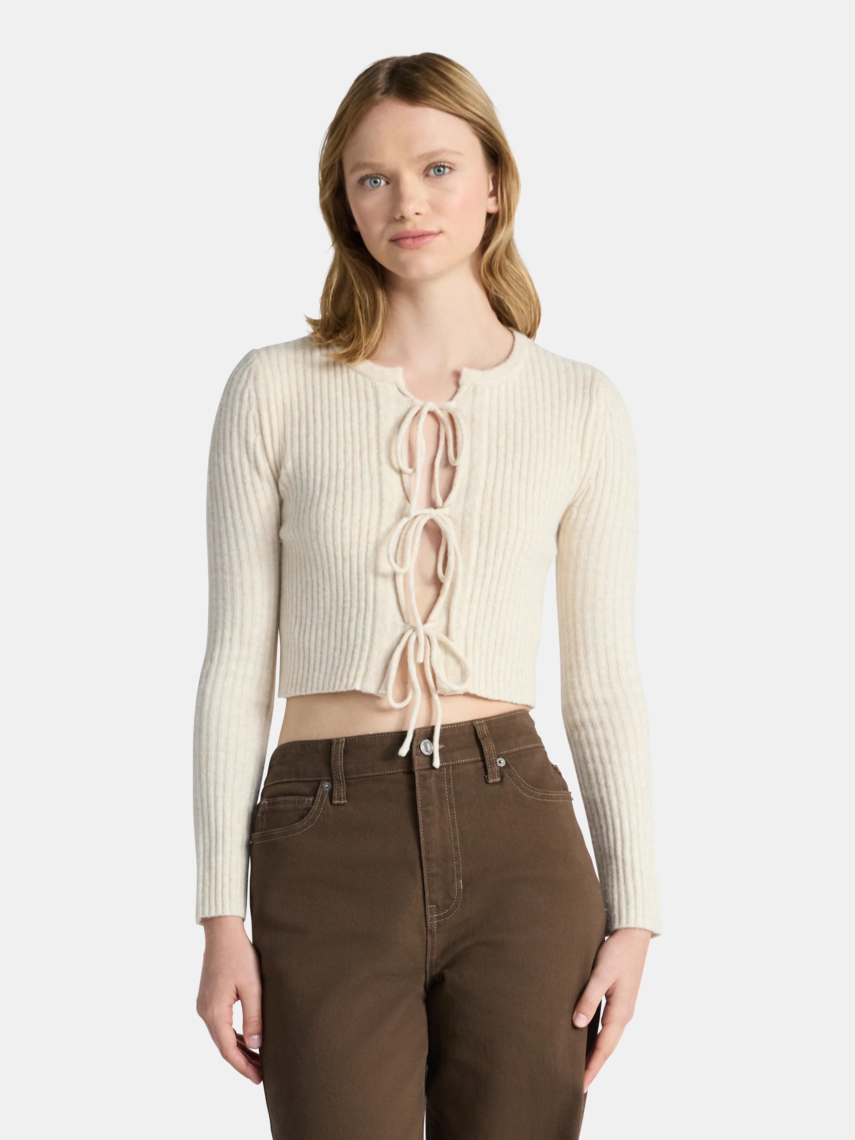 No Boundaries Bow-Tie Ribbed Cardigan, Women's | Walmart (US)