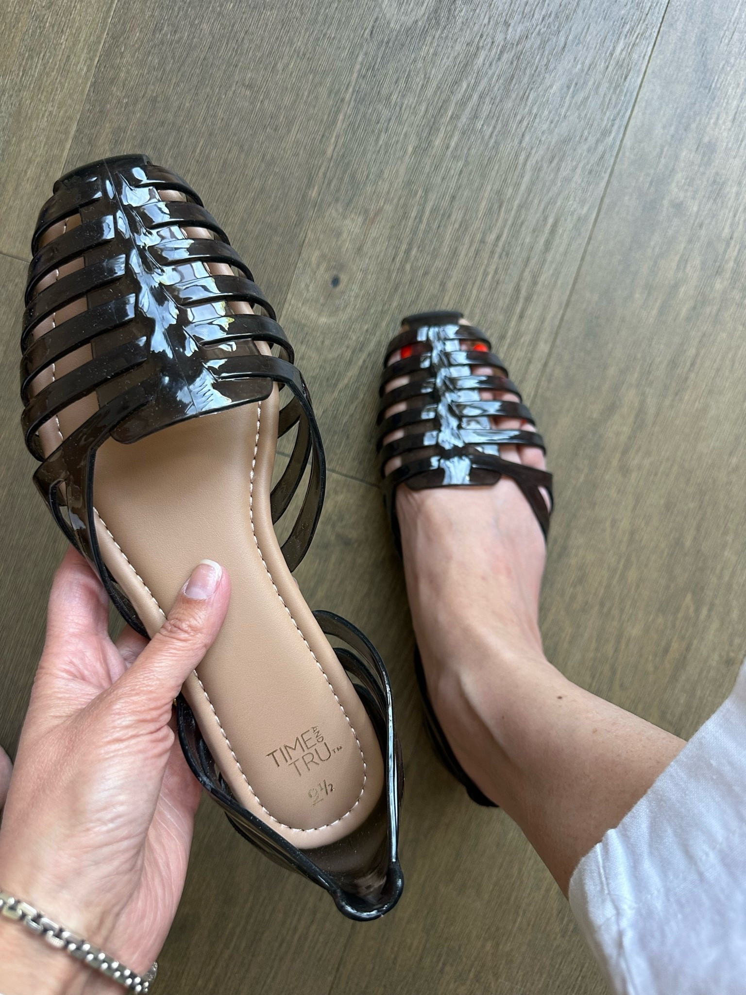Jelly Huaraches! These are ADORABLE. Memory foam padding. Run TTS (I’m in a 9.5) Color I have is black but could also pass for a dark brown.