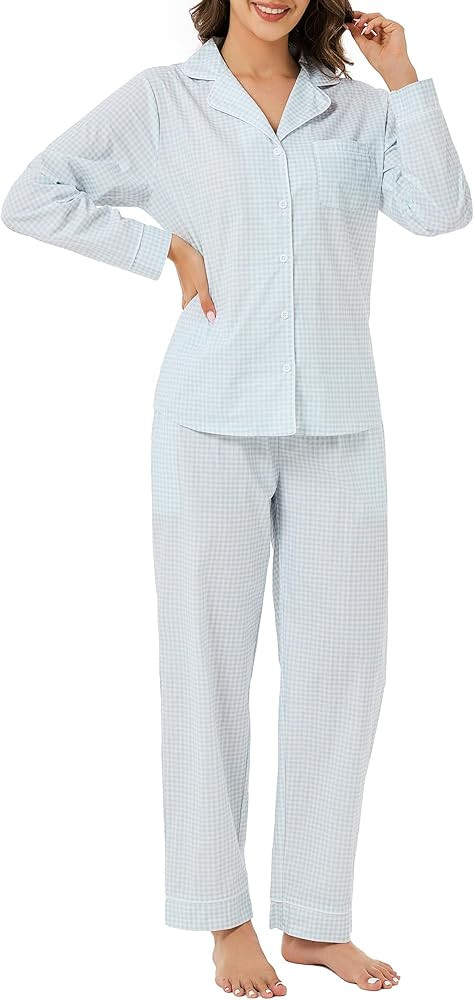 LUBOT 100% Cotton Pajamas for Women 2 Piece PJ Set Woven Poplin Ladies Button Long Sleeve Lightwe... | Amazon (US)