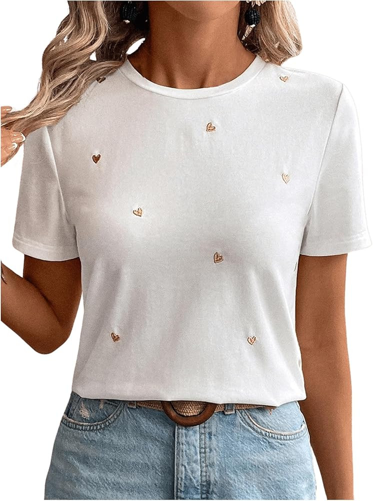 SweatyRocks Women's Heart Embroidery T Shirts Crew Neck Short Sleeve Summer Tops | Amazon (US)
