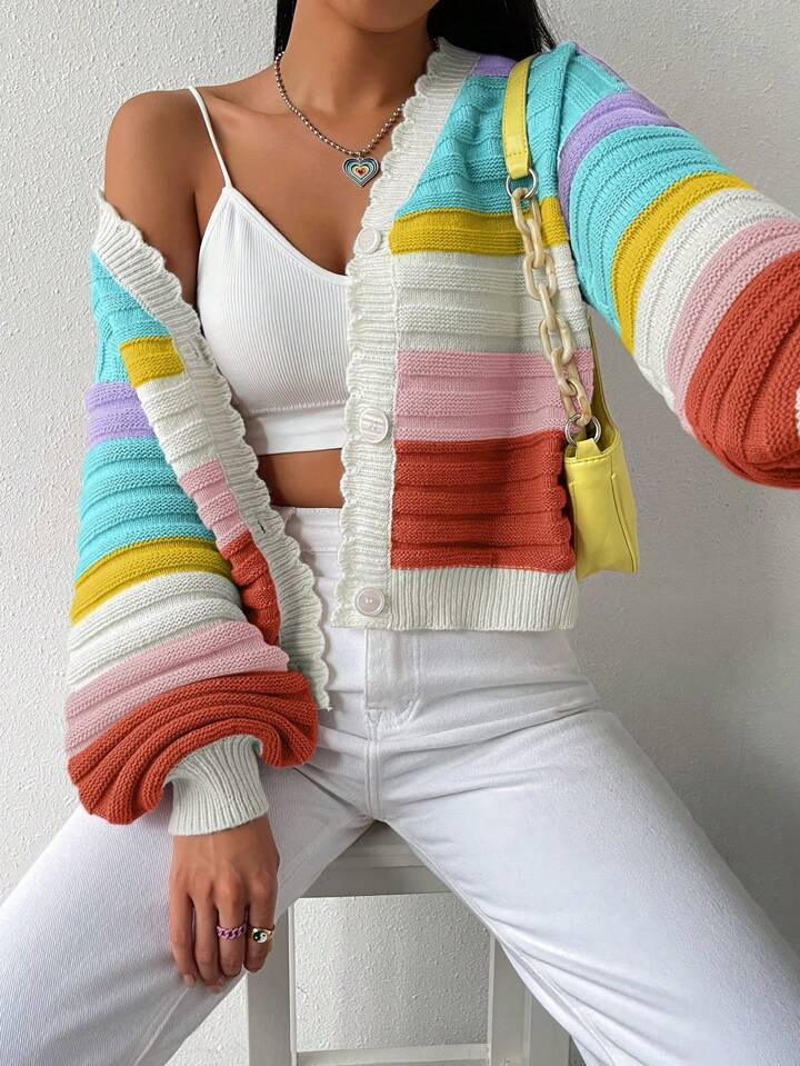 Vrouwen Veel kleurig Gestreept Cardigans Met Schelpenrand | SHEIN