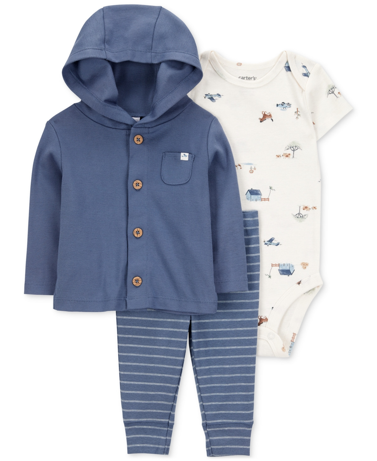 Carter's Baby Boys Cotton Little Character Set Hooded Cardigan, Barn-Print Bodysuit & Striped Pants, 3 Piece Set - Blue | Macy's