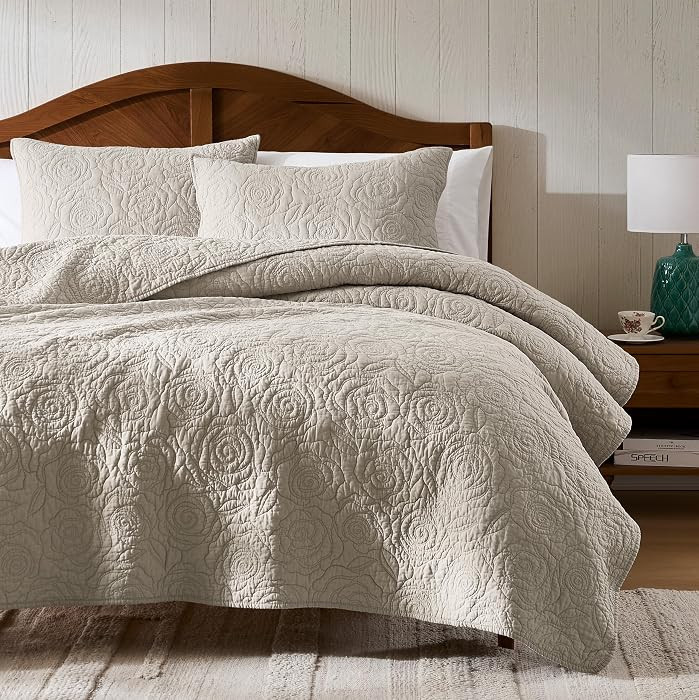 WDCOZY Beige 100% Cotton Quilt Queen Size Bedding Sets with 2 Pillow Shams, Floral Rosette Lightw... | Amazon (US)
